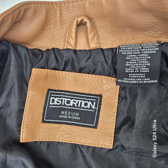 Distortion Motorcycle Jacket Brown Faux Leather Biker Coat Men's M - Picture 7 of 7